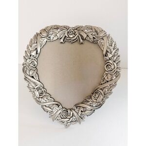 Vintage MT Heart Shaped Pewter Tone Rose Floral Ribbon Picture Frame 7.5x7.5